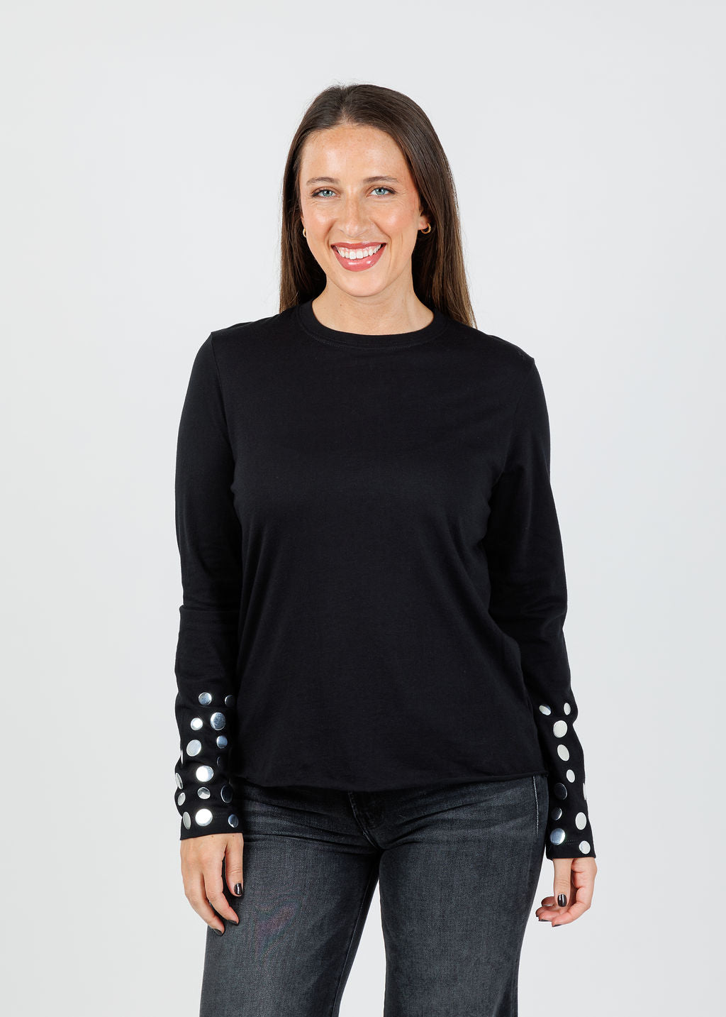 Suzy T Long Sleeve Silver Stud T-Shirt in Black available at Barbara Katz