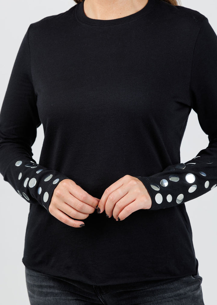 Suzy T Long Sleeve Silver Stud T-Shirt in Black available at Barbara Katz