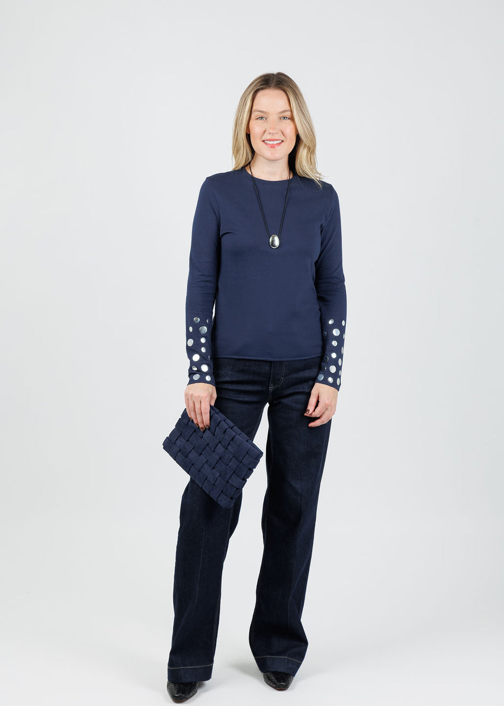 Suzy T Long Sleeve Silver Stud T-Shirt in Navy available at Barbara Katz