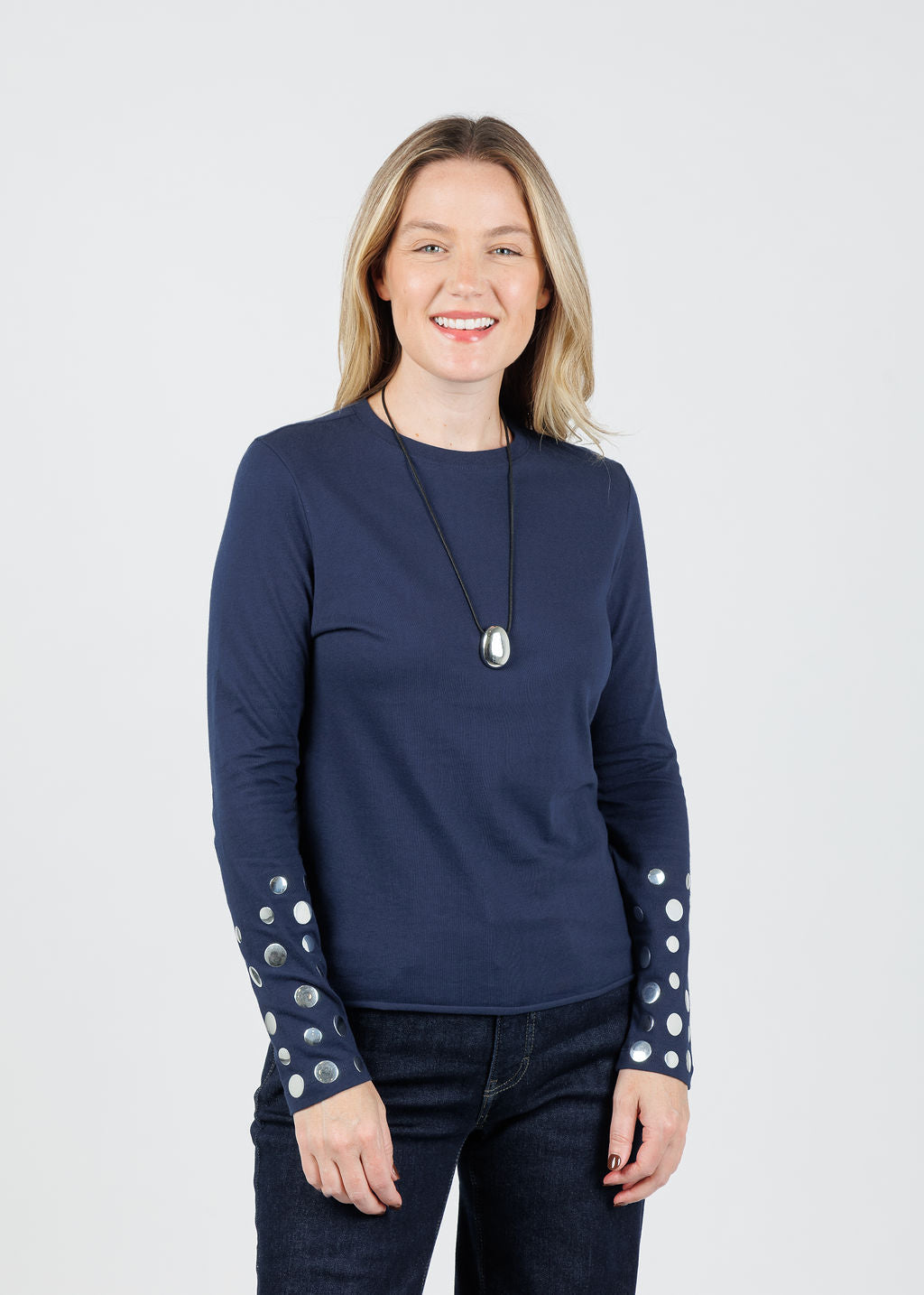 Suzy T Long Sleeve Silver Stud T-Shirt in Navy available at Barbara Katz