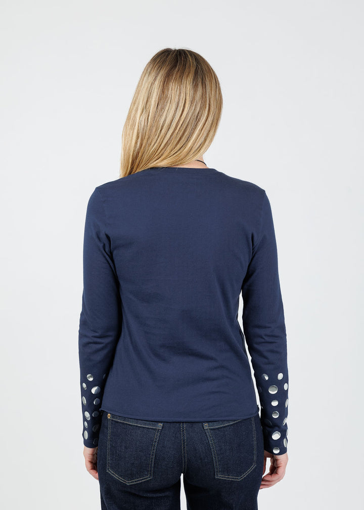 Suzy T Long Sleeve Silver Stud T-Shirt in Navy available at Barbara Katz