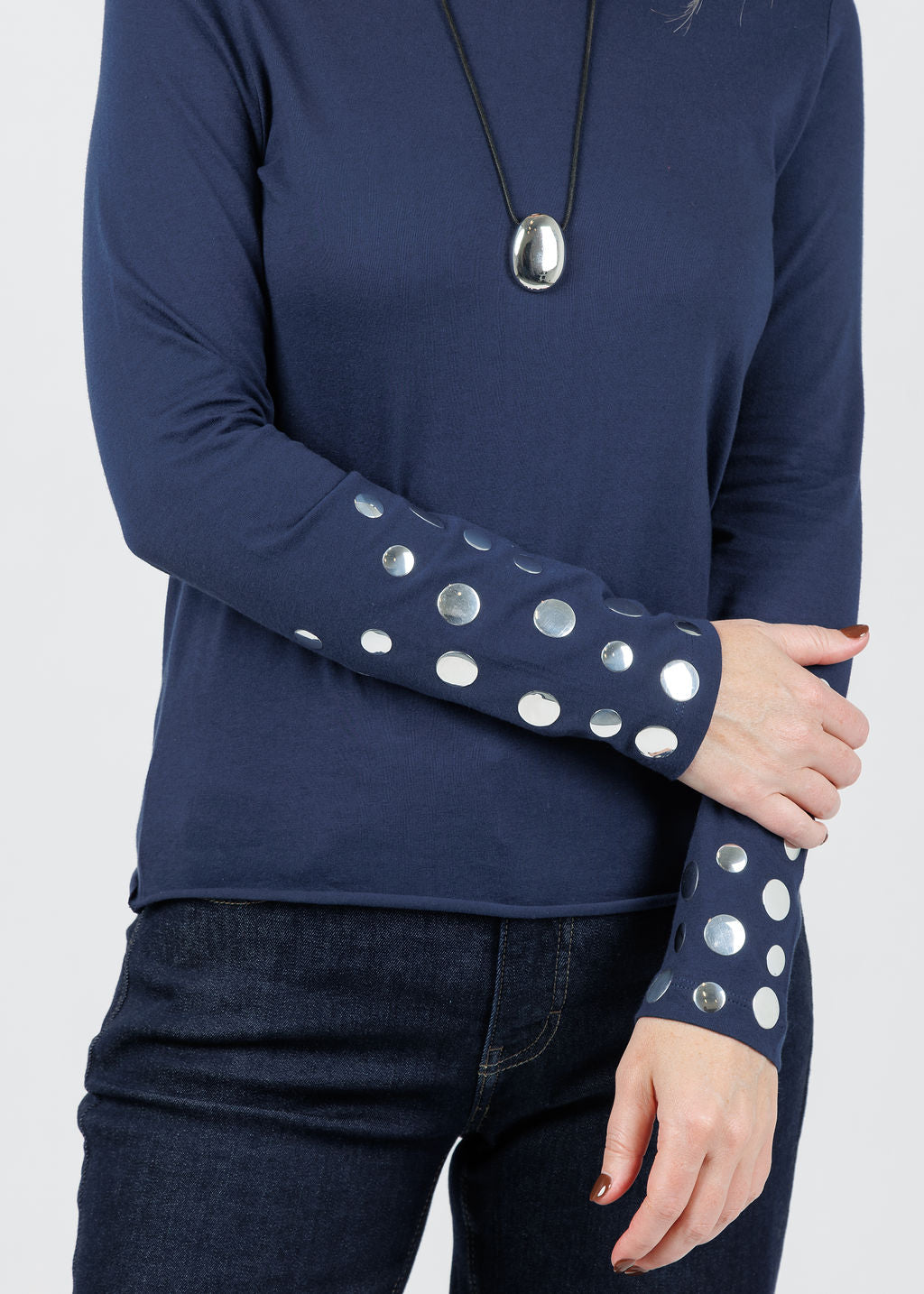 Suzy T Long Sleeve Silver Stud T-Shirt in Navy available at Barbara Katz
