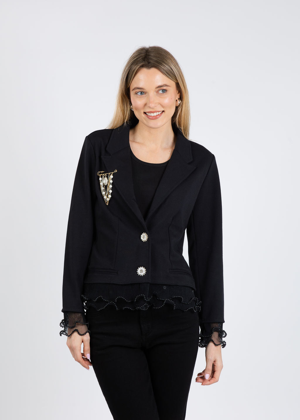 Suzy T Pearl Crop Jacket with Pearl & Brooch in Black available at Barbara Katz