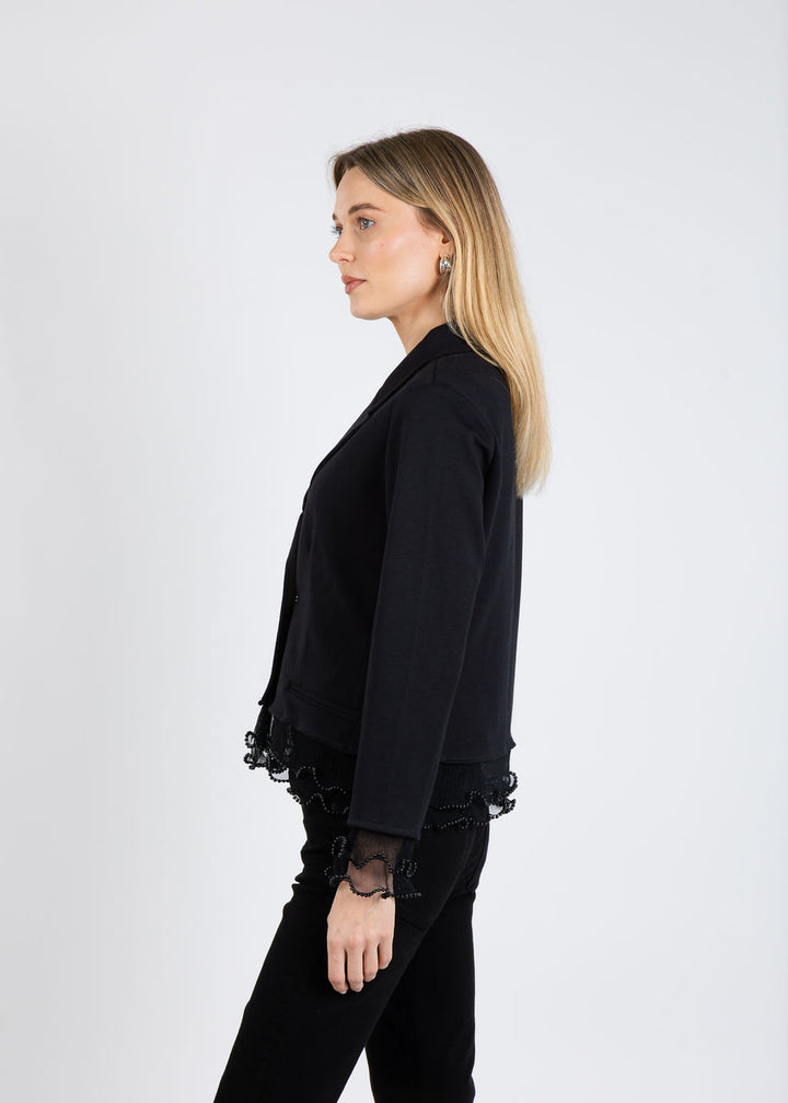 Suzy T Pearl Crop Jacket with Pearl & Brooch in Black available at Barbara Katz