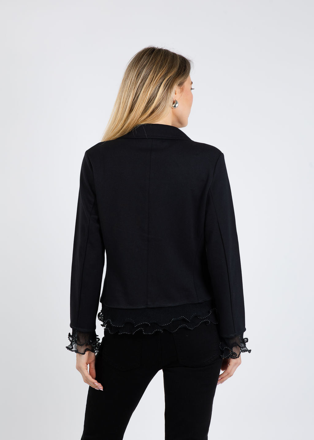 Suzy T Pearl Crop Jacket with Pearl & Brooch in Black available at Barbara Katz