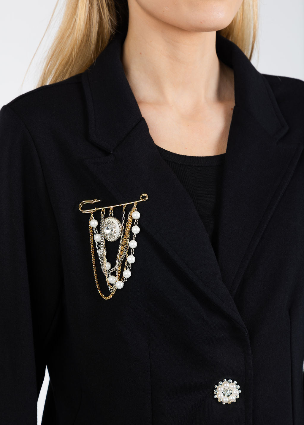 Suzy T Pearl Crop Jacket with Pearl & Brooch in Black available at Barbara Katz
