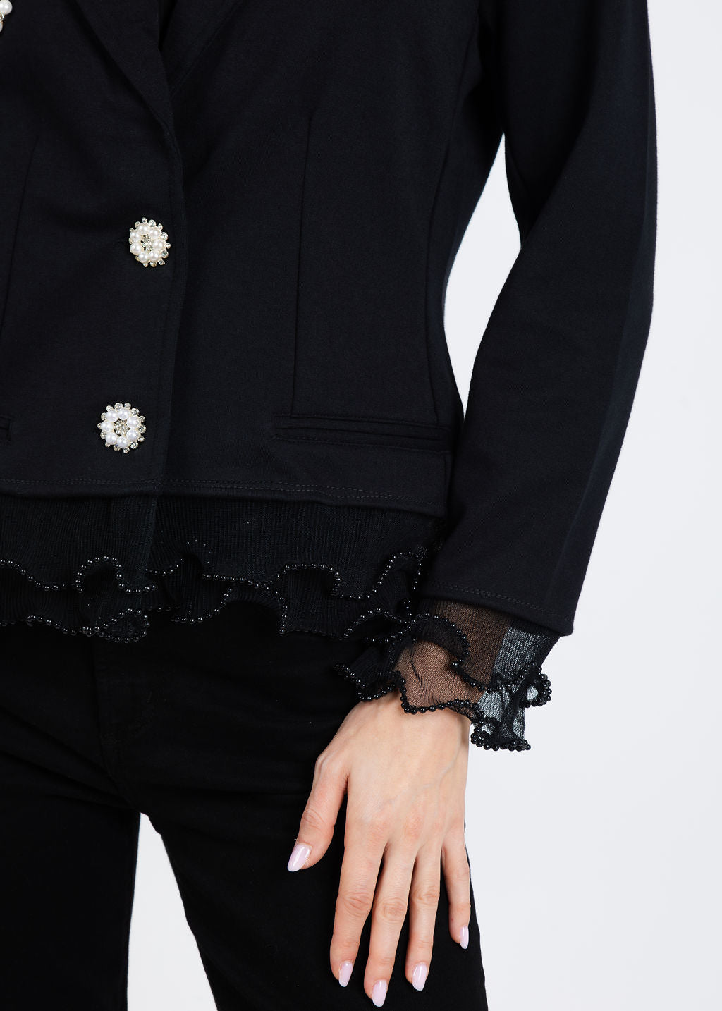 Suzy T Pearl Crop Jacket with Pearl & Brooch in Black available at Barbara Katz