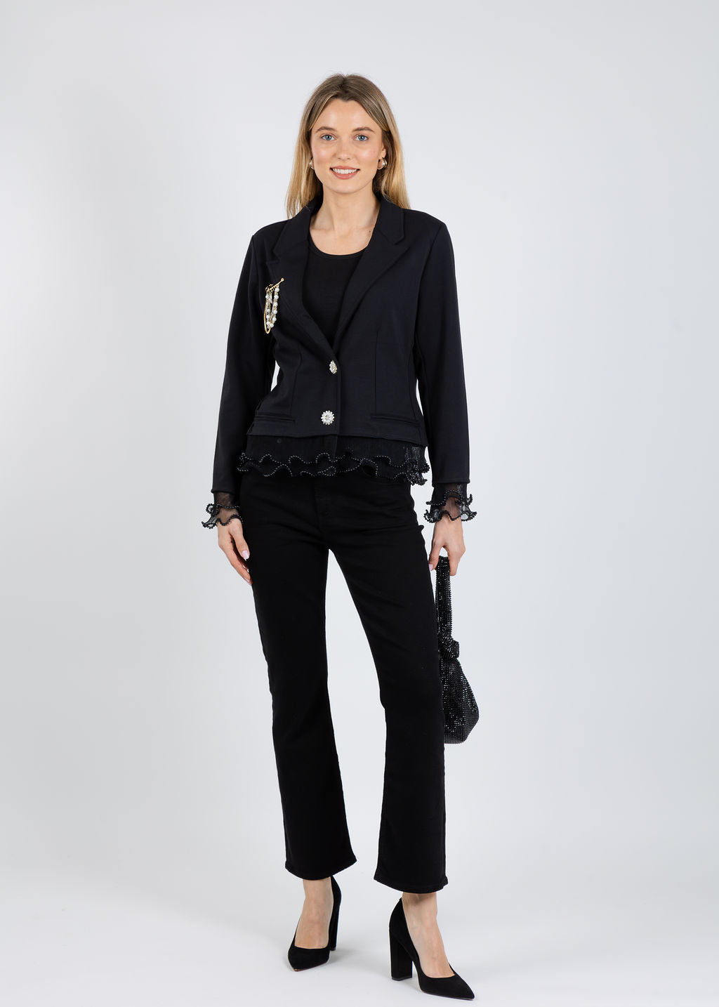 Suzy T Pearl Crop Jacket with Pearl & Brooch in Black available at Barbara Katz