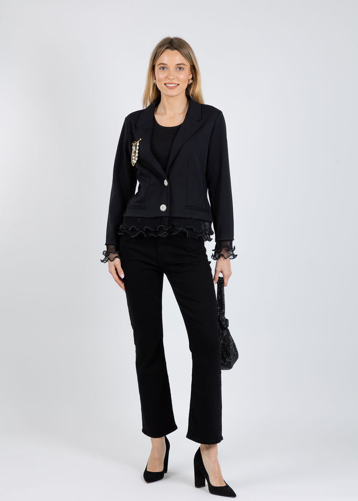 Suzy T Pearl Crop Jacket with Pearl & Brooch in Black available at Barbara Katz