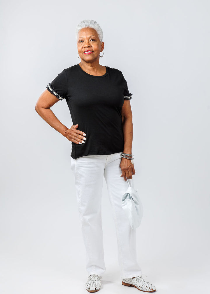 Suzy T Ribbon Top in Black paired with Citizens of Humanity Palma Straight Jeans in Soft White available at Barbara Katz