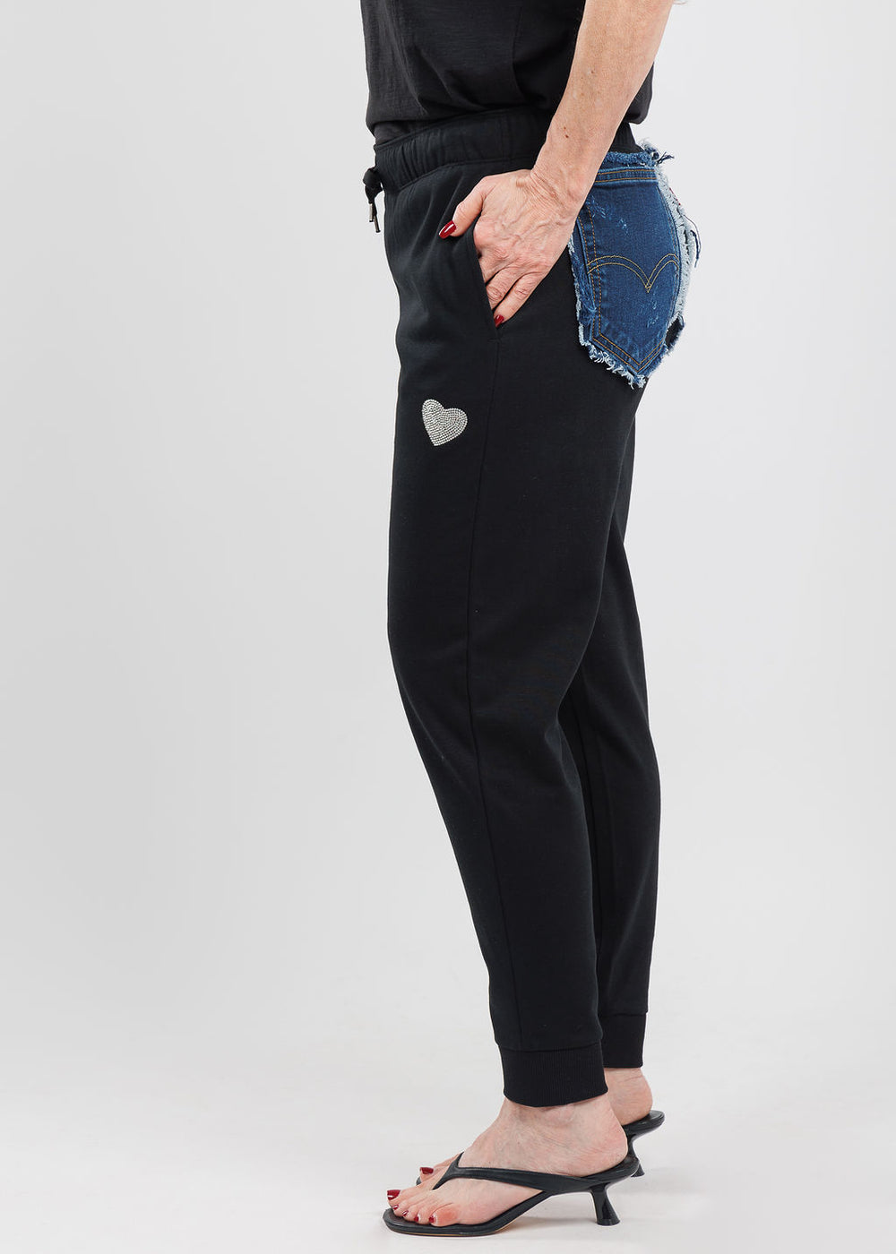 Suzy T Rori Black Sweatpants With Denim Pockets available at Barbara Katz