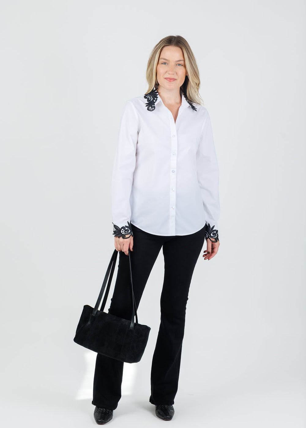 Suzy T Ruby Button Down Lace Collar Blouse in White available at Barbara Kat
