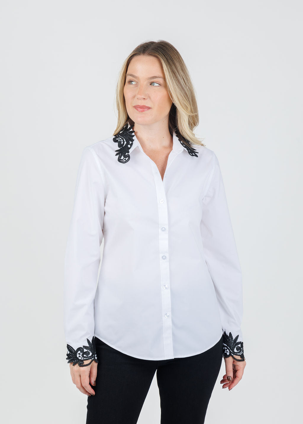 Suzy T Ruby Button Down Lace Collar Blouse in White available at Barbara Kat