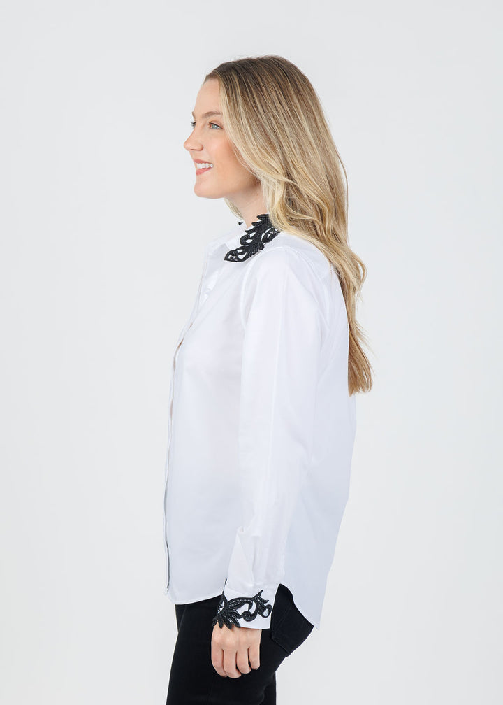 Suzy T Ruby Button Down Lace Collar Blouse in White available at Barbara Kat