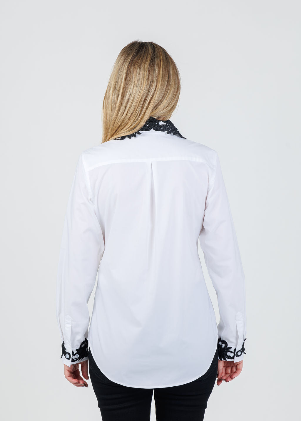 Suzy T Ruby Button Down Lace Collar Blouse in White available at Barbara Kat