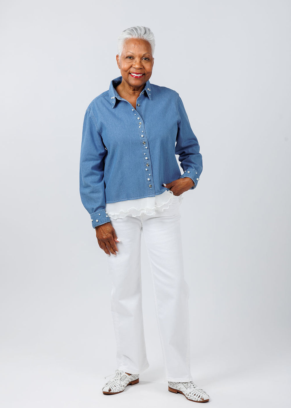Suzy T Ruffle Denim Shirt With Pearls paired with Citizens iof Humanity Palma Straight Jeans in Soft White available at Barbara Katz