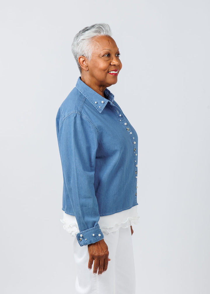 Suzy T Ruffle Denim Shirt With Pearls available at Barbara Katz