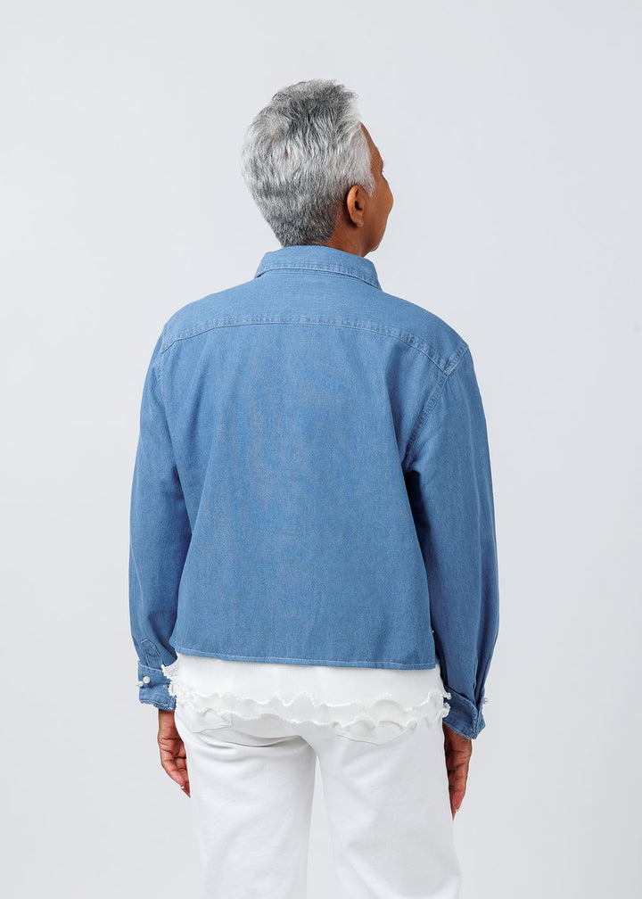 Suzy T Ruffle Denim Shirt With Pearls available at Barbara Katz
