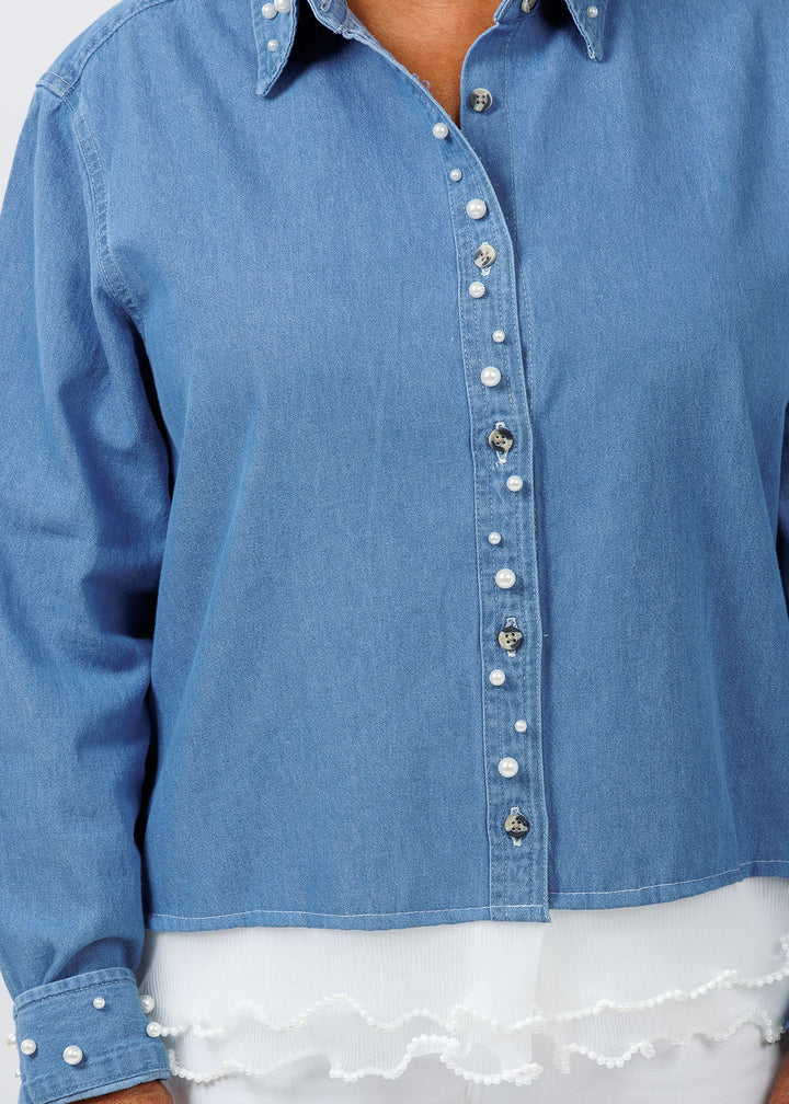 Suzy T Ruffle Denim Shirt With Pearls available at Barbara Katz