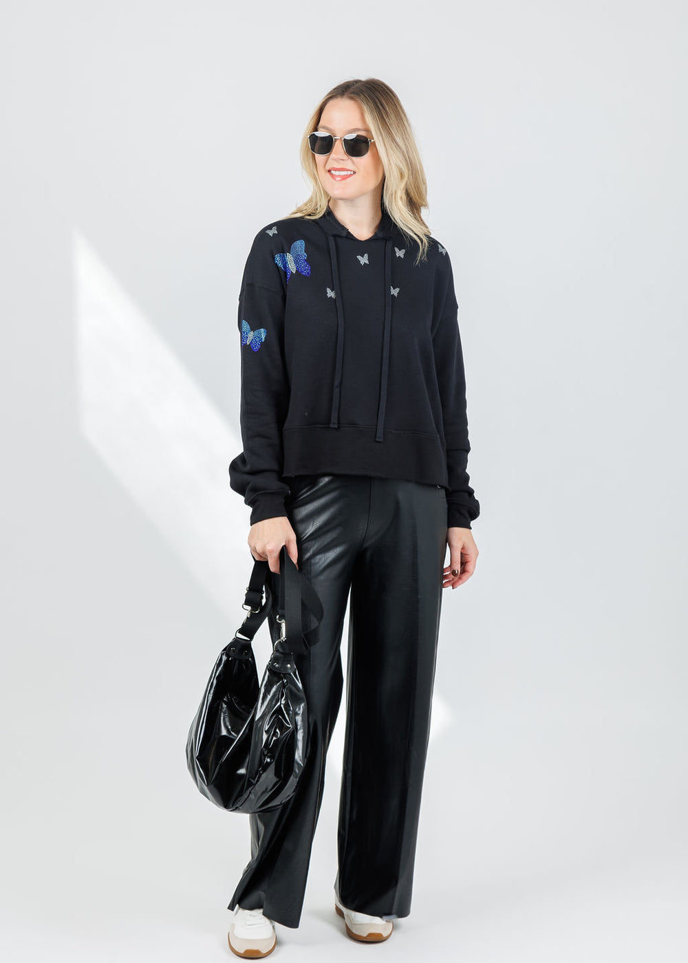Suzy T Samy Blue Butterflies Hoodie in Black available at Barbara Katz
