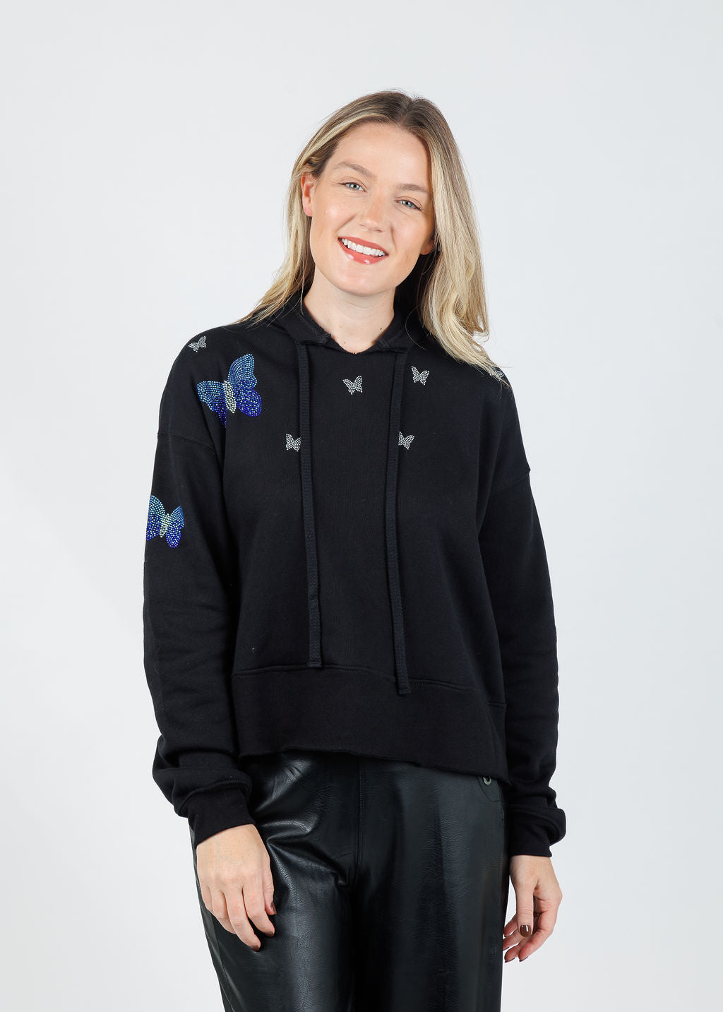 Suzy T Samy Blue Butterflies Hoodie in Black available at Barbara Katz