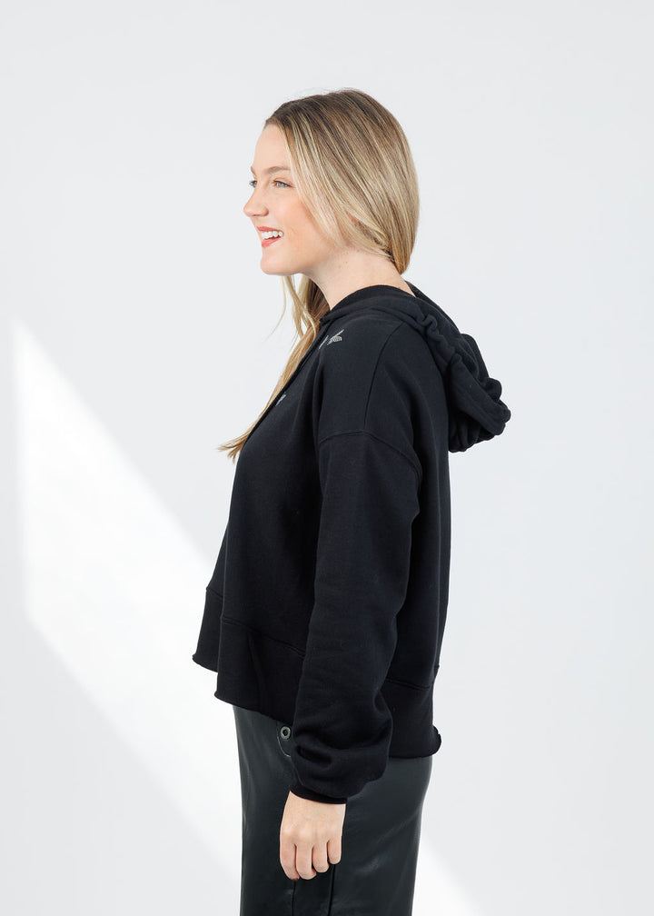 Suzy T Samy Blue Butterflies Hoodie in Black available at Barbara Katz