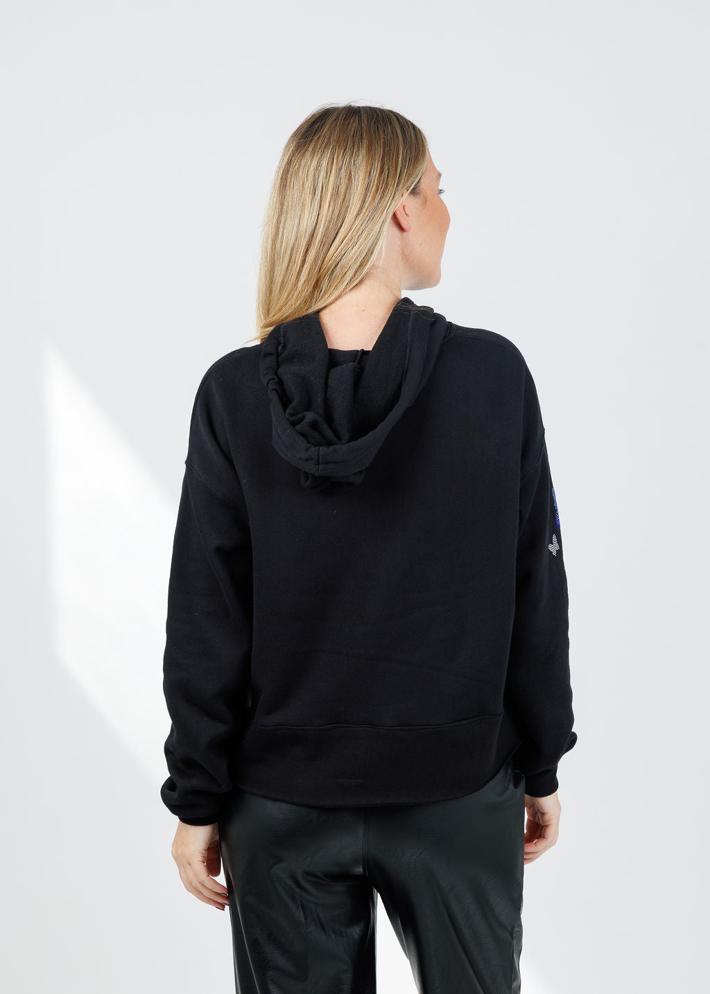 Suzy T Samy Blue Butterflies Hoodie in Black available at Barbara Katz