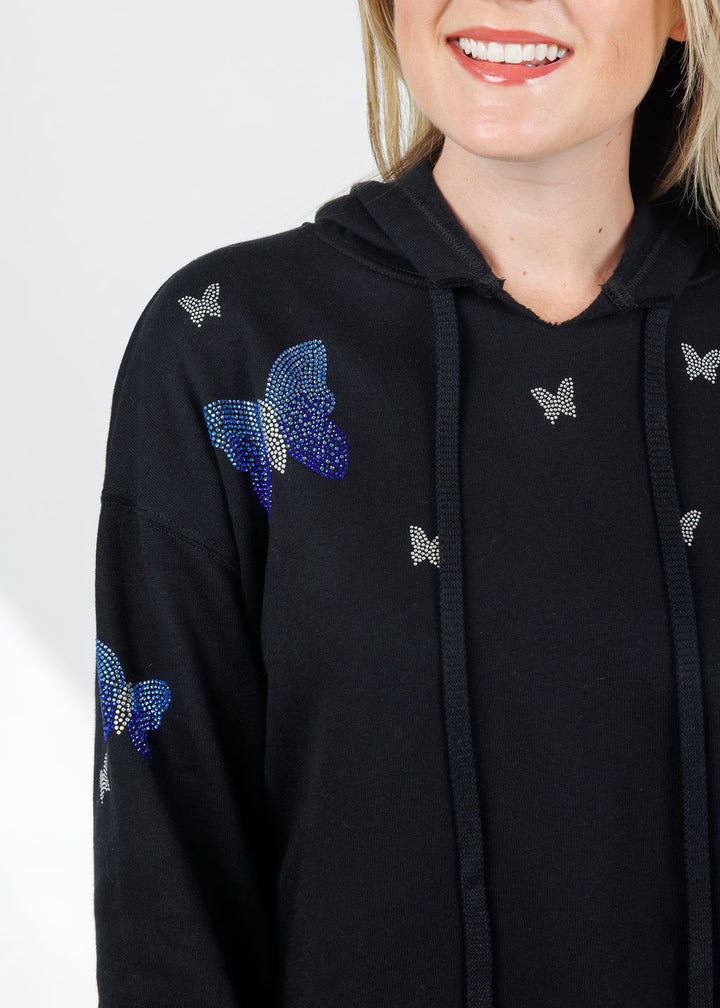 Suzy T Samy Blue Butterflies Hoodie in Black available at Barbara Katz