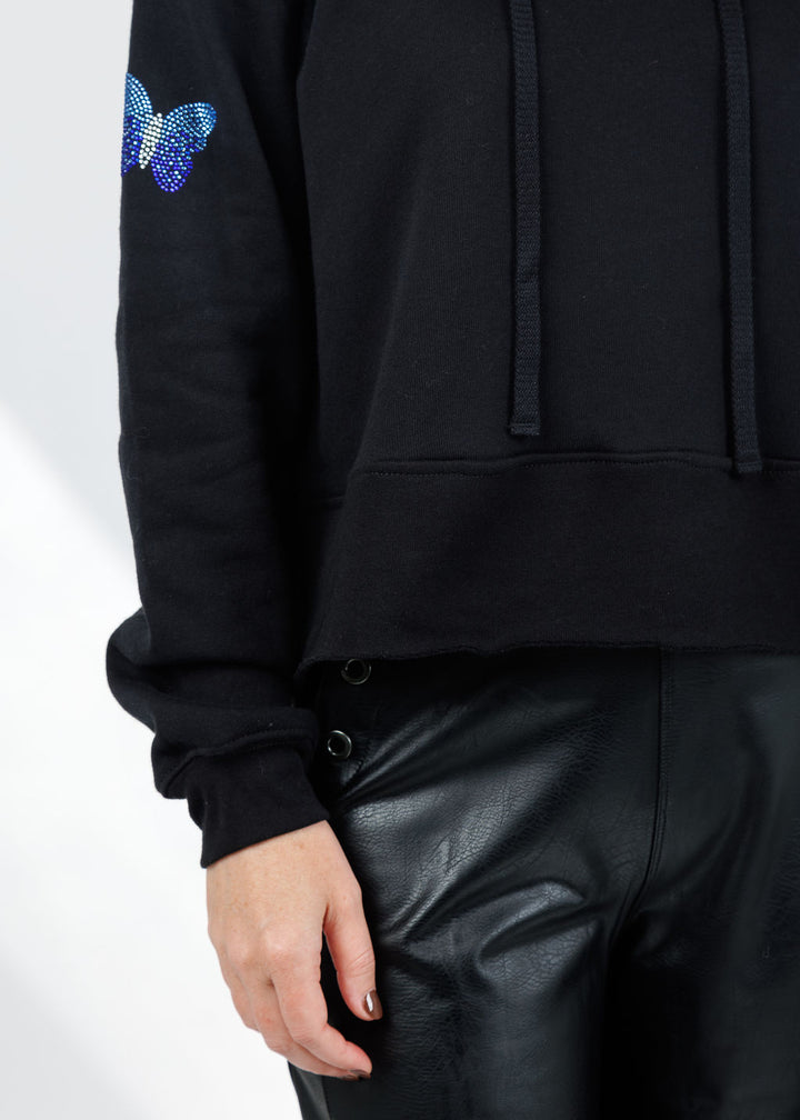 Suzy T Samy Blue Butterflies Hoodie in Black available at Barbara Katz