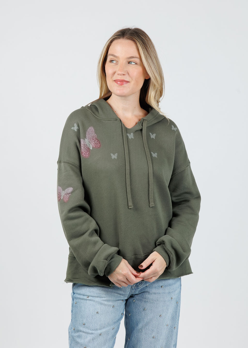 Suzy T Samy Pink Butterflies Hoodie in Olive available at Barbara Katz