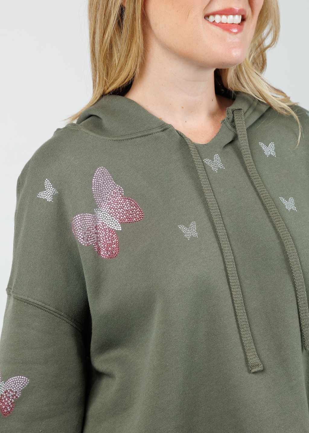 Suzy T Samy Pink Butterflies Hoodie in Olive available at Barbara Katz