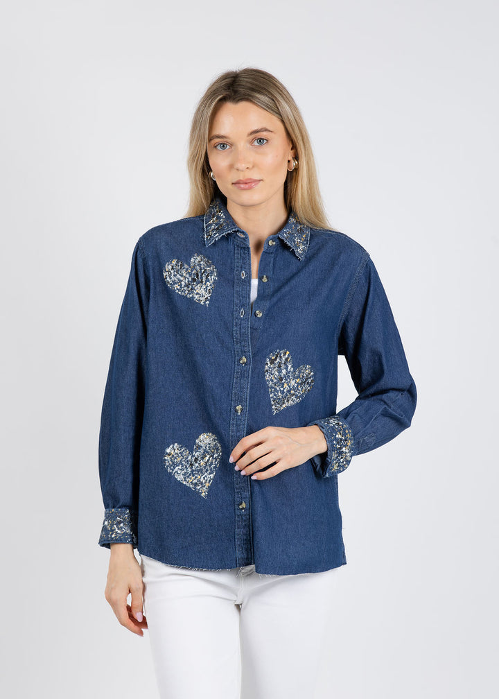 Suzy T Splash Paint Heart Shirt in Silver/Gold available at Barbara Katz