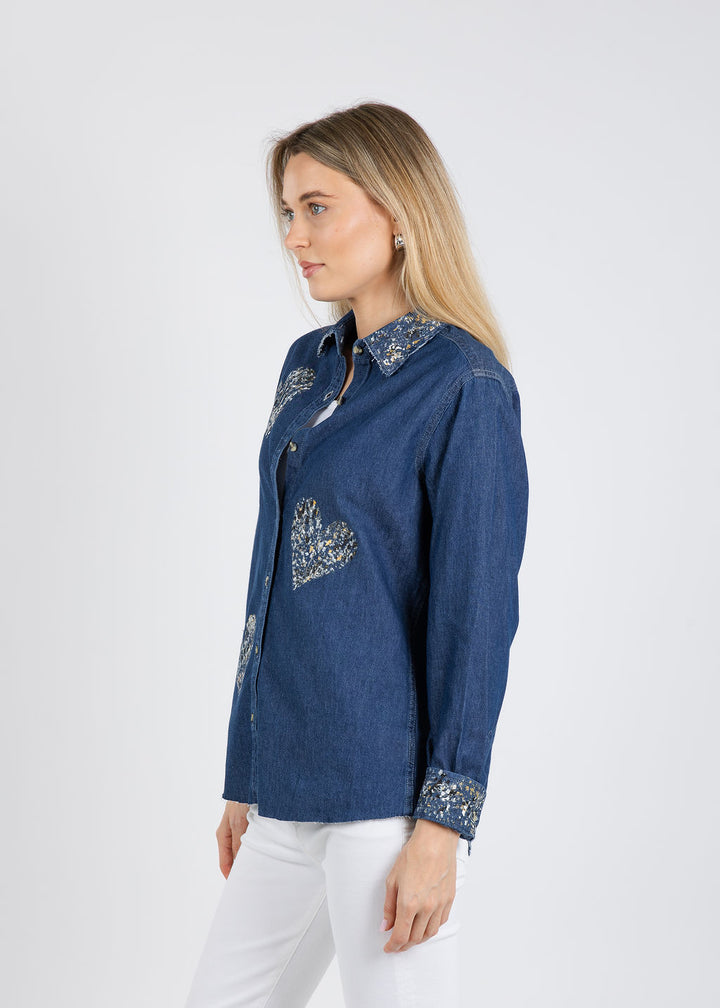 Suzy T Splash Paint Heart Shirt in Silver/Gold available at Barbara Katz