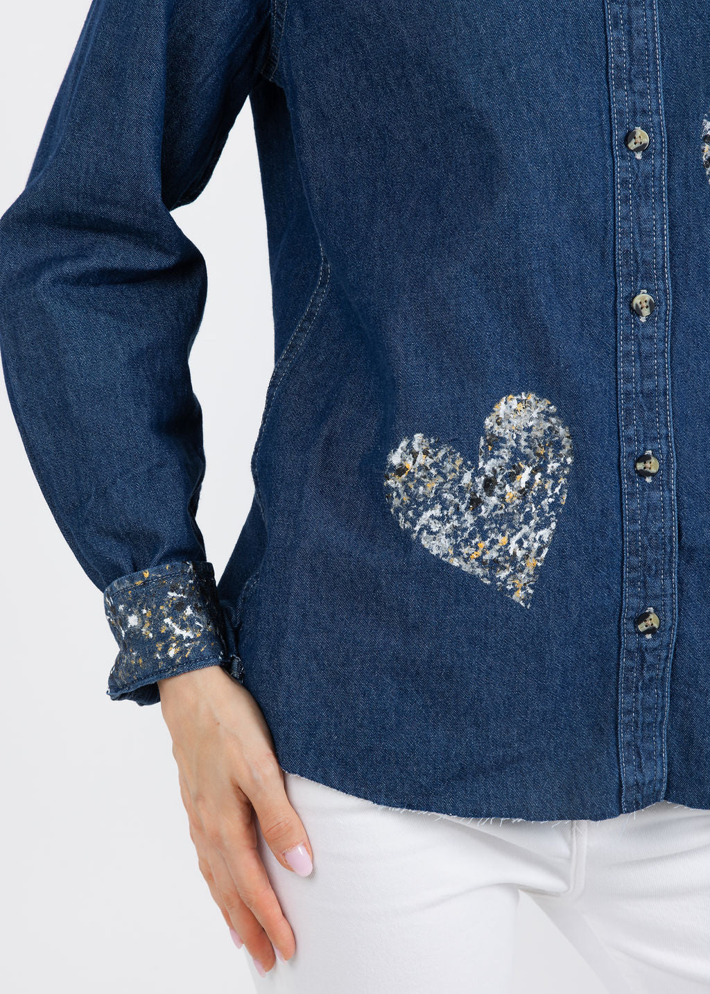 Suzy T Splash Paint Heart Shirt in Silver/Gold available at Barbara Katz
