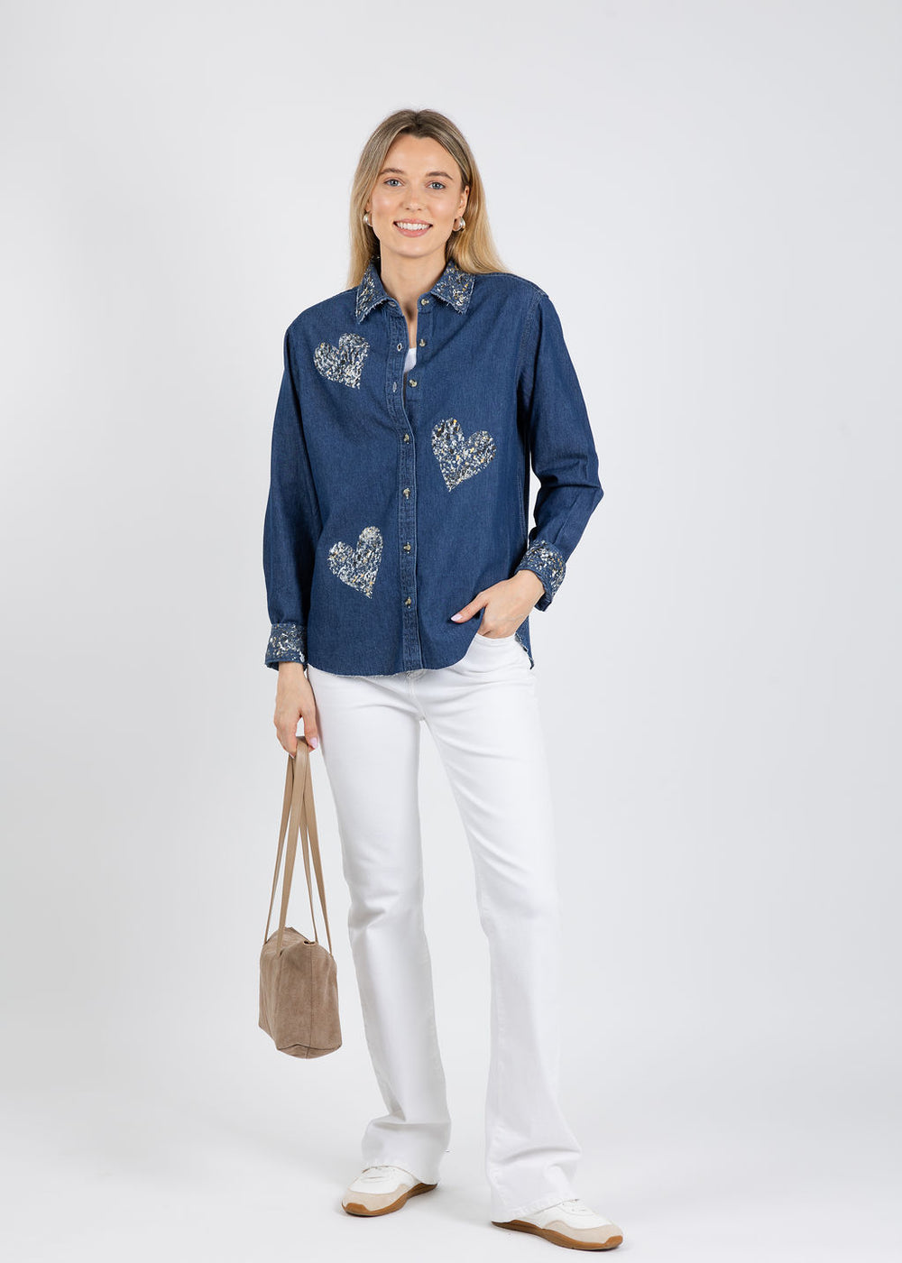 Suzy T Splash Paint Heart Shirt in Silver/Gold available at Barbara Katz