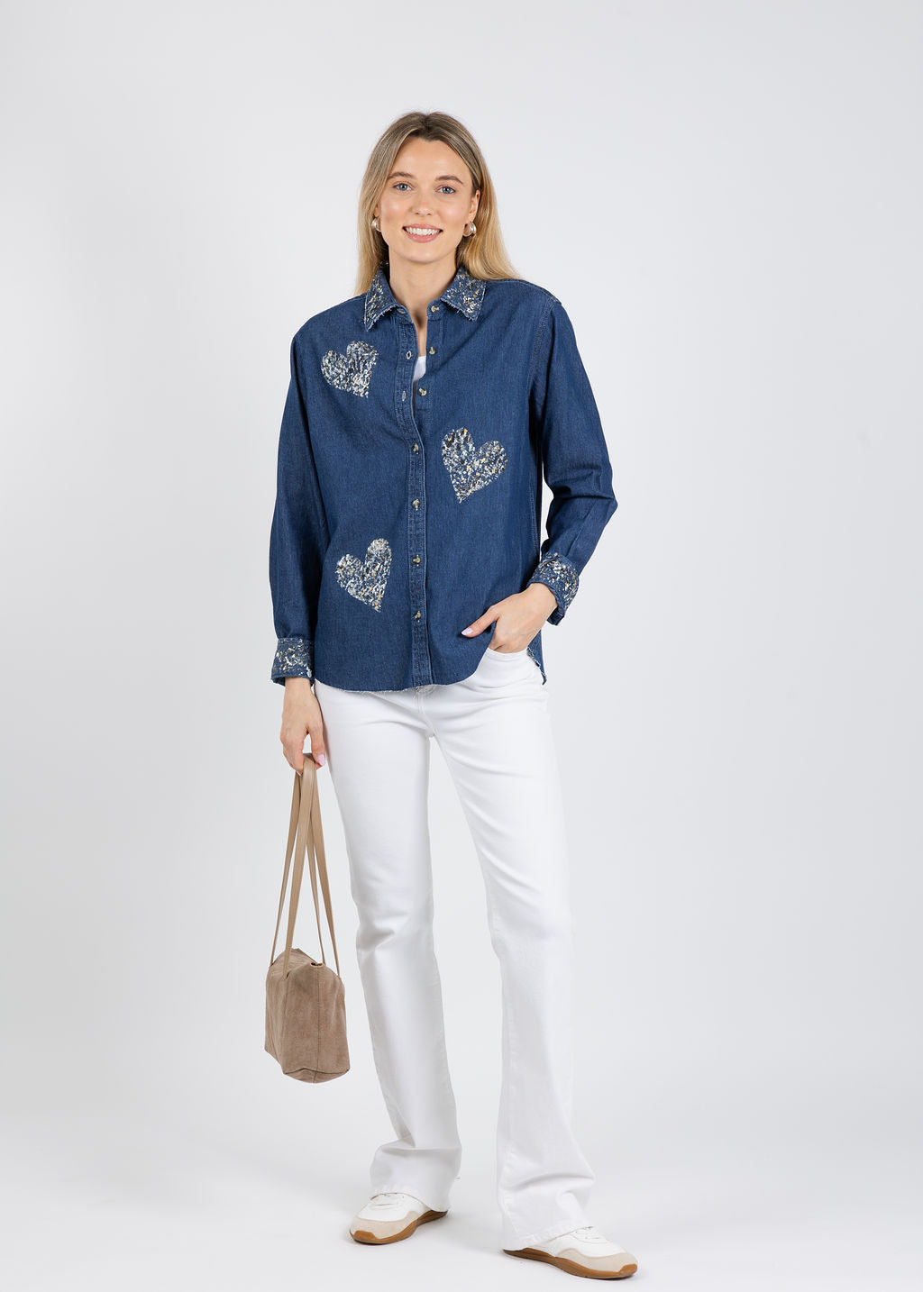 Suzy T Splash Paint Heart Shirt in Silver/Gold available at Barbara Katz