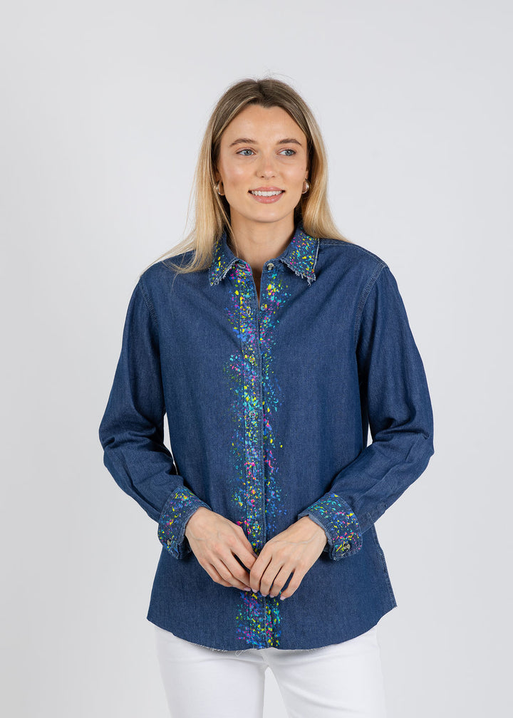 Suzy T Splash Paint Shirt in Denim/Multi available at Barbara Katz