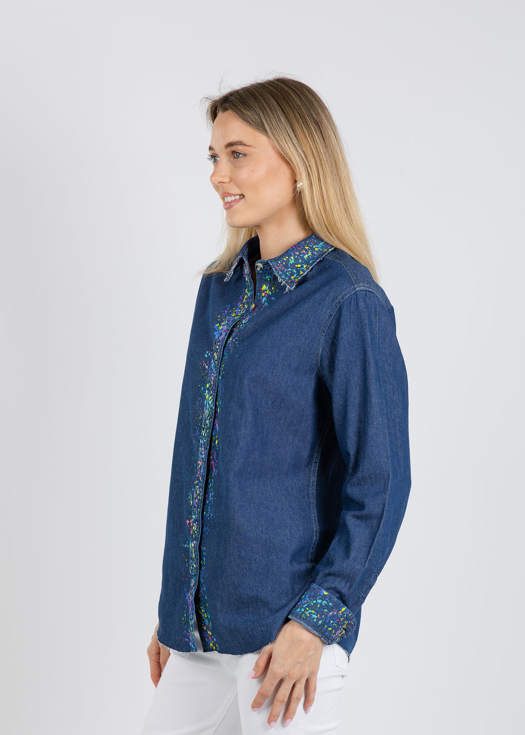 Suzy T Splash Paint Shirt in Denim/Multi available at Barbara Katz