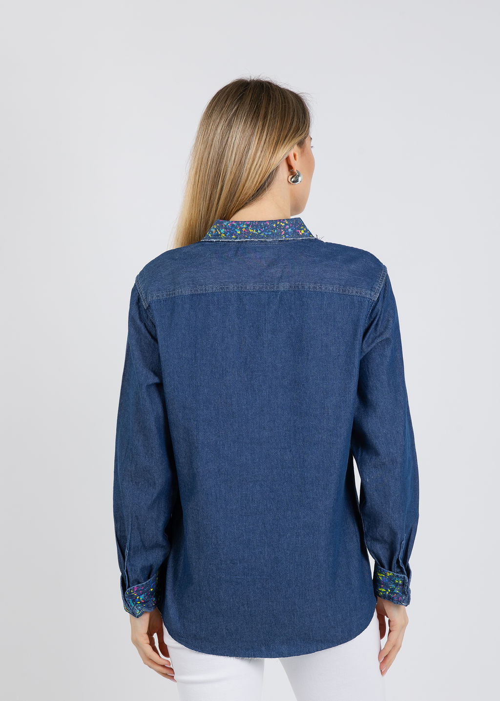Suzy T Splash Paint Shirt in Denim/Multi available at Barbara Katz