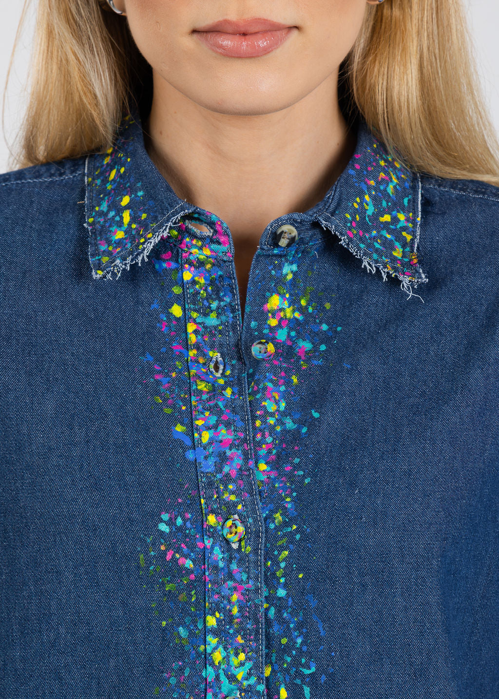Suzy T Splash Paint Shirt in Denim/Multi available at Barbara Katz