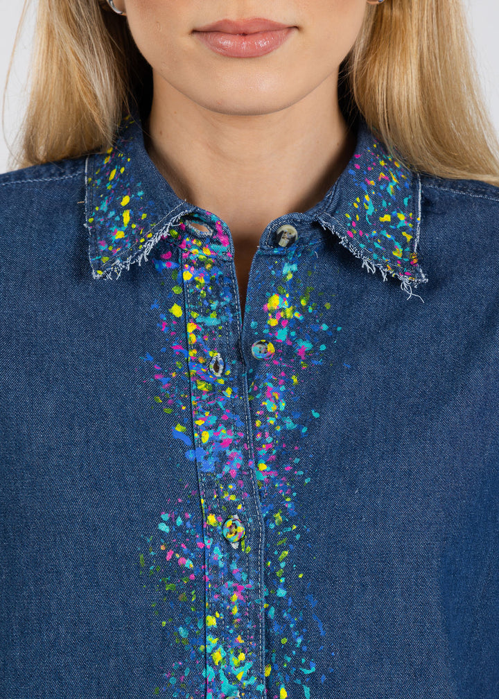 Suzy T Splash Paint Shirt in Denim/Multi available at Barbara Katz