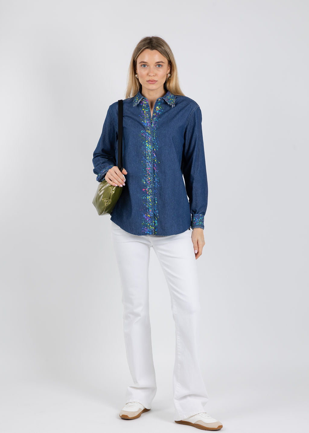 Suzy T Splash Paint Shirt in Denim/Multi available at Barbara Katz