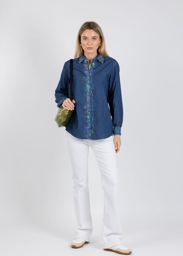 Suzy T Splash Paint Shirt in Denim/Multi available at Barbara Katz