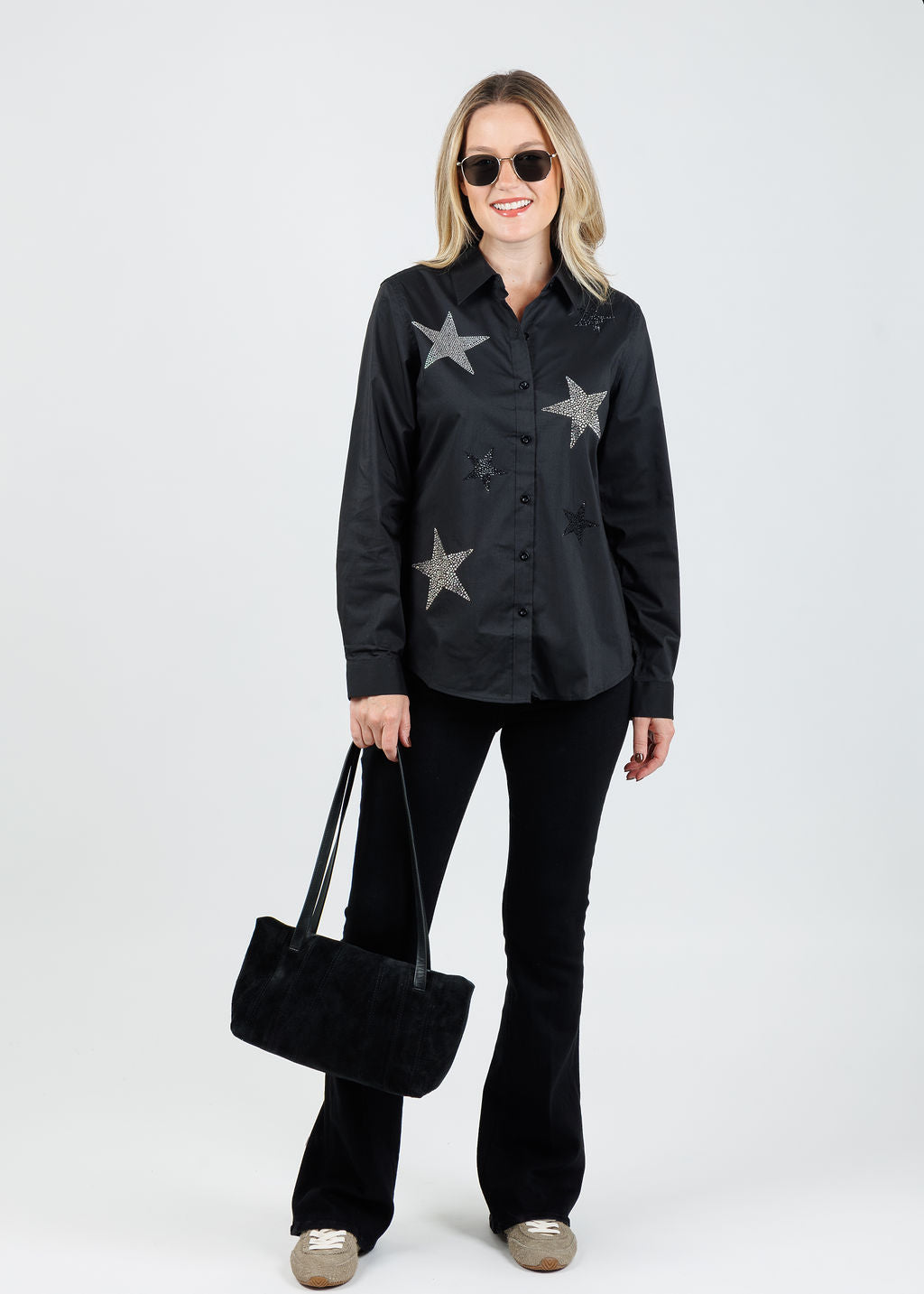 Suzy T Mila Button Down Stars Blouse in Black available at Barbara Katz