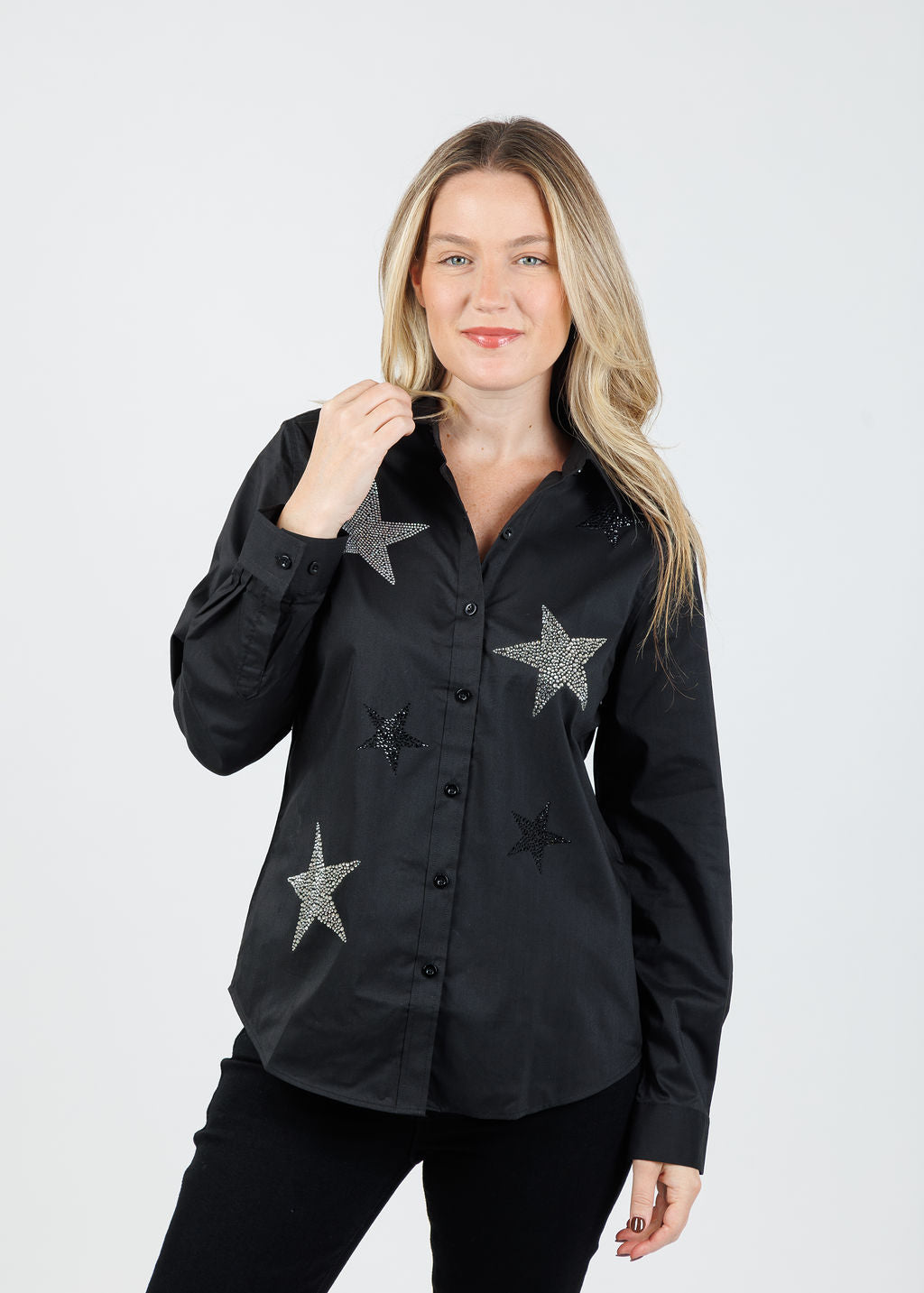 Suzy T Mila Button Down Stars Blouse in Black available at Barbara Katz