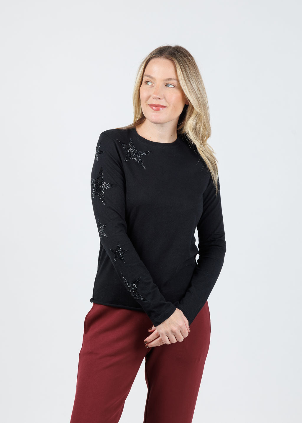 Suzy T Starry Stars Long Sleeve Top in Black available at Barbara Katz