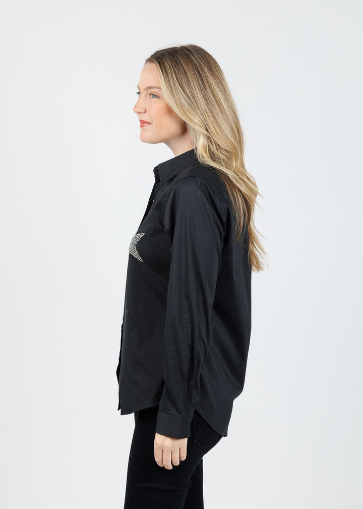 Suzy T Mila Button Down Stars Blouse in Black available at Barbara Katz