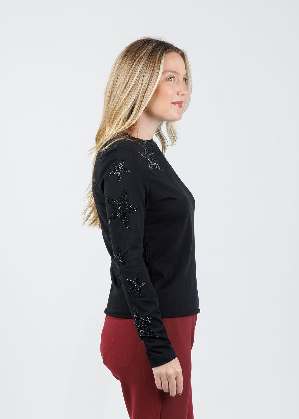Suzy T Starry Stars Long Sleeve Top in Black available at Barbara Katz