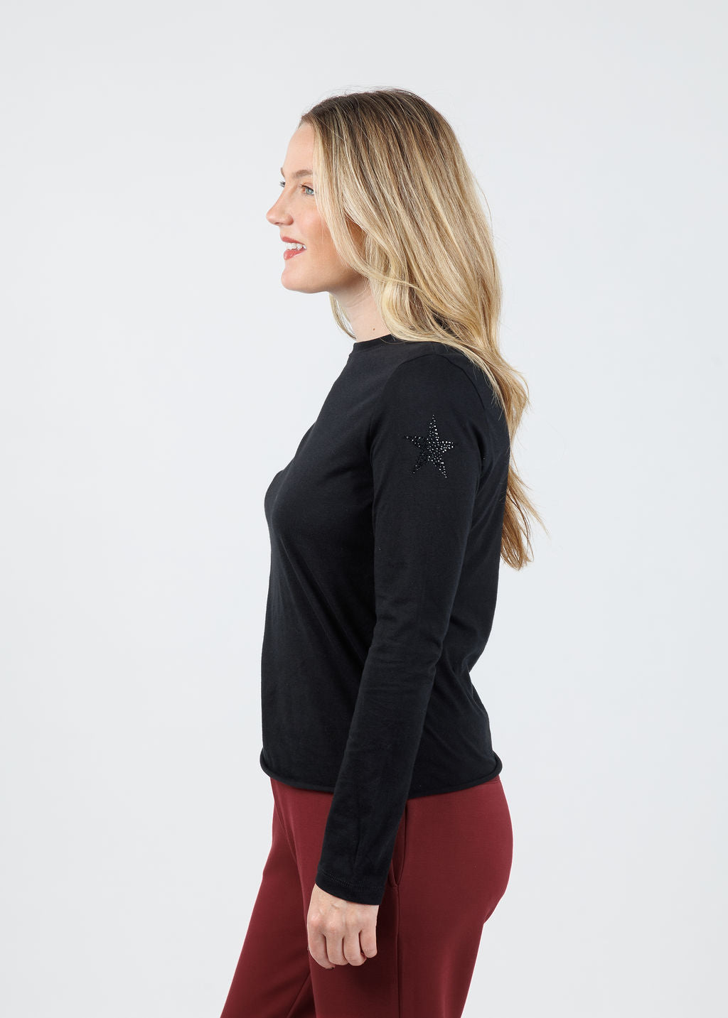 Suzy T Starry Stars Long Sleeve Top in Black available at Barbara Katz