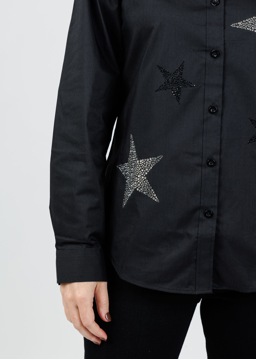 Suzy T Mila Button Down Stars Blouse in Black available at Barbara Katz